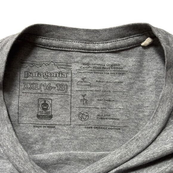 PATAGONIA T-Shirt Kids XXL 18 Line Logo Ridge Striped Tee Heather Gray Cotton - Picture 2 of 4